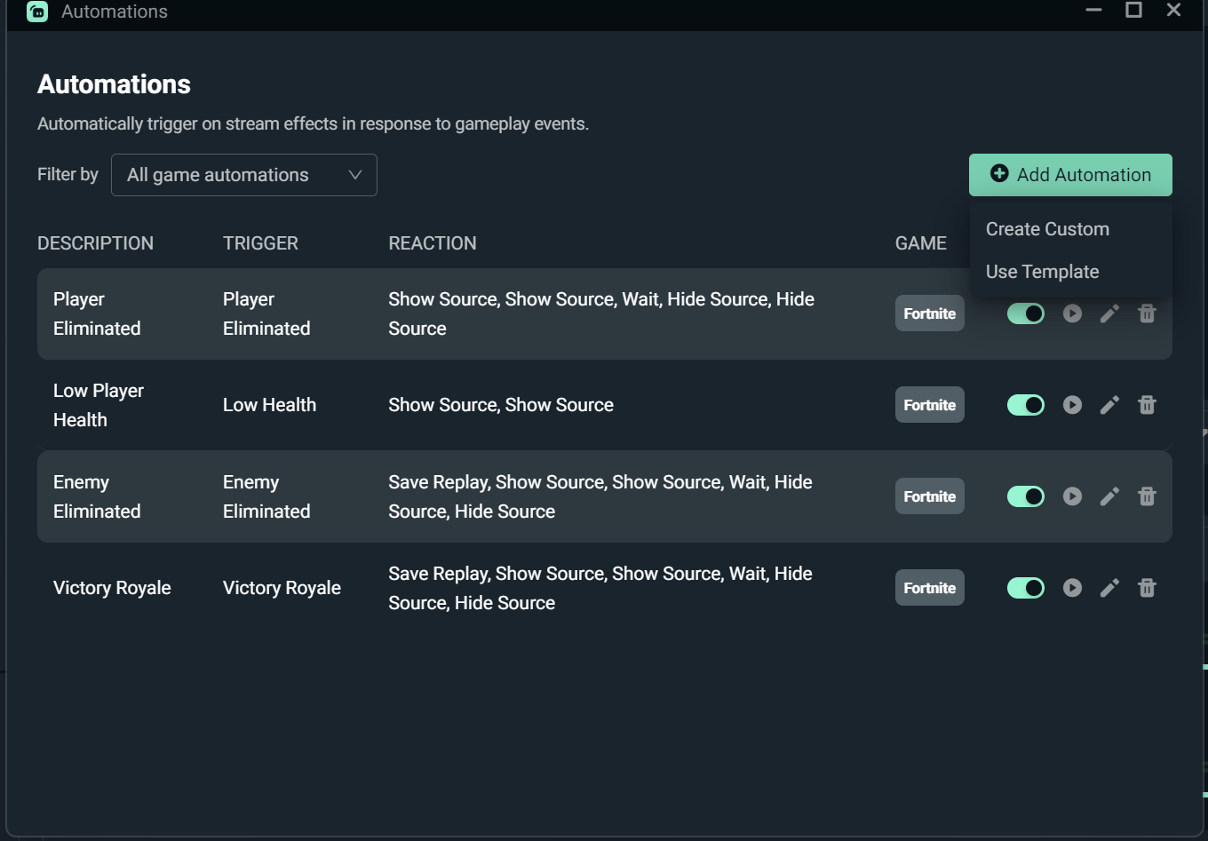 List view of saved automations in streamlabs desktop